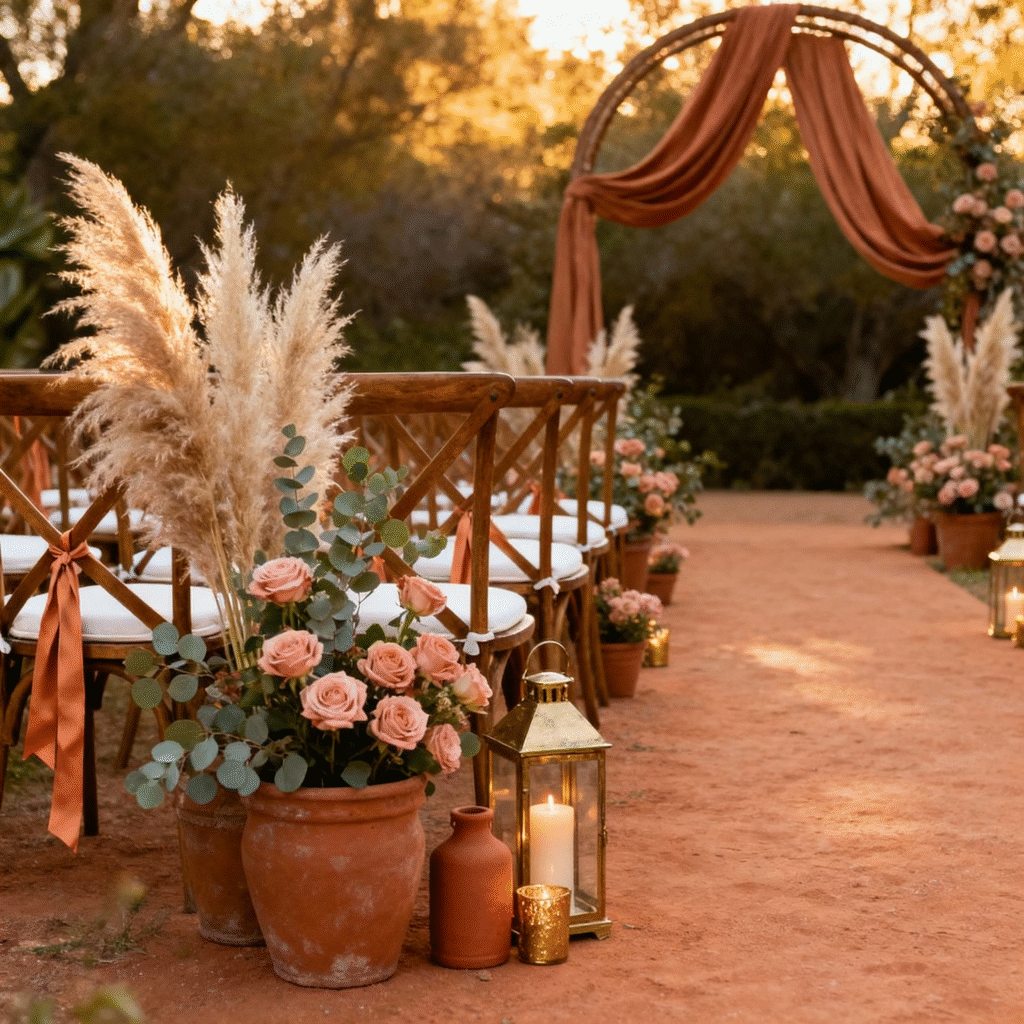 Rustic terracotta wedding ceremony aisle decorated with clay pots, candles, and lanterns, creating a warm earthy pathway for the bride — Elegant terracotta wedding decor inspiration by Elegantize Weddings. Rustic terracotta wedding ceremony aisle decorated with clay pots, candles, and lanterns, creating a warm earthy pathway for the bride — Elegant terracotta wedding decor inspiration by Elegantize Weddings.