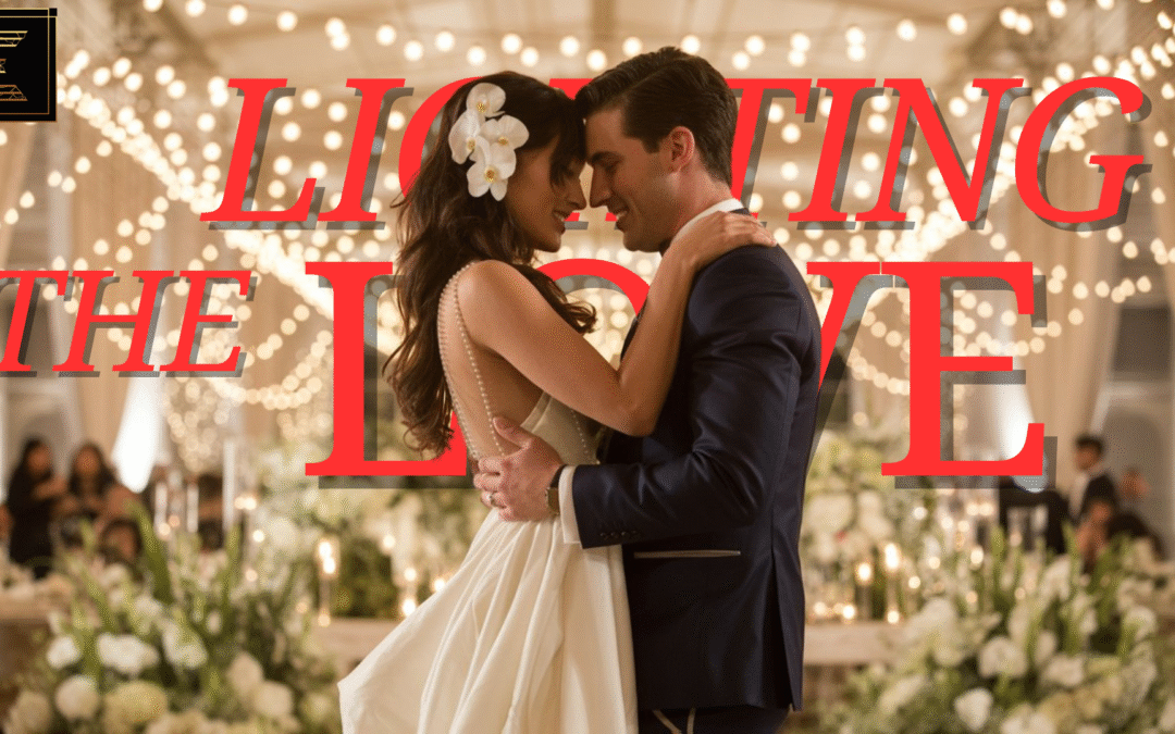 Elegant indoor wedding reception illuminated by fairy, twinkle, and string lights.