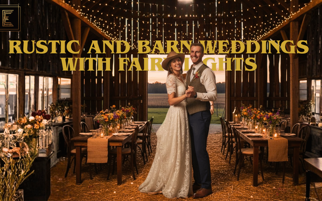 Rustic barn wedding decor with fairy lights and wooden beams for a cozy wedding setup.