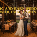 Rustic barn wedding decor with fairy lights and wooden beams for a cozy wedding setup.