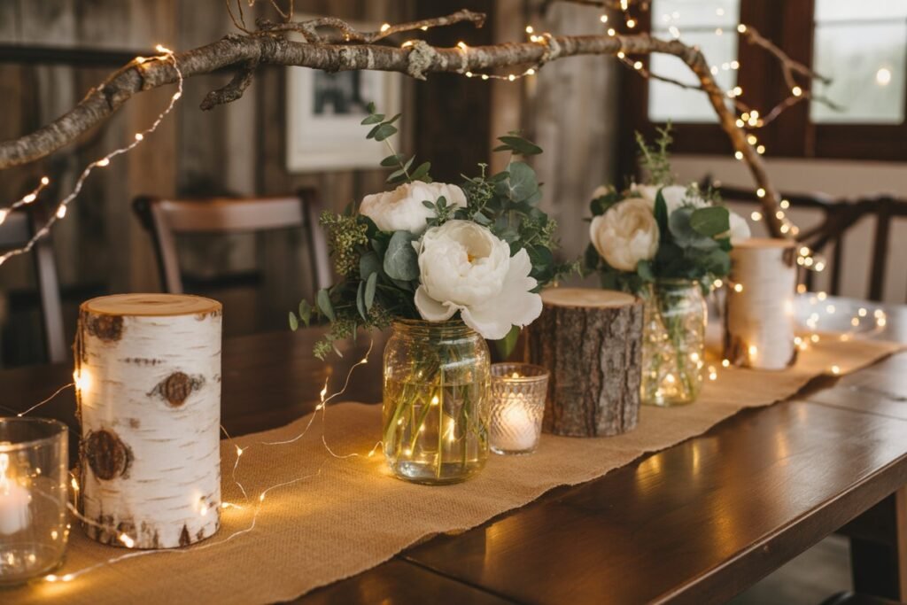 Rustic wedding centerpiece decorated with fairy lights, wooden accents, and cozy floral arrangements, creating a warm and elegant barn tablescape. Rustic wedding centerpiece decorated with fairy lights, wooden accents, and cozy floral arrangements, creating a warm and elegant barn tablescape.
