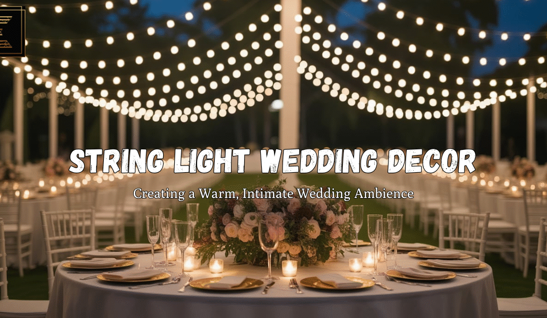 Outdoor wedding setup with warm white string lights creating a cozy, romantic ambiance.