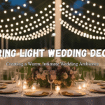 Outdoor wedding setup with warm white string lights creating a cozy, romantic ambiance.