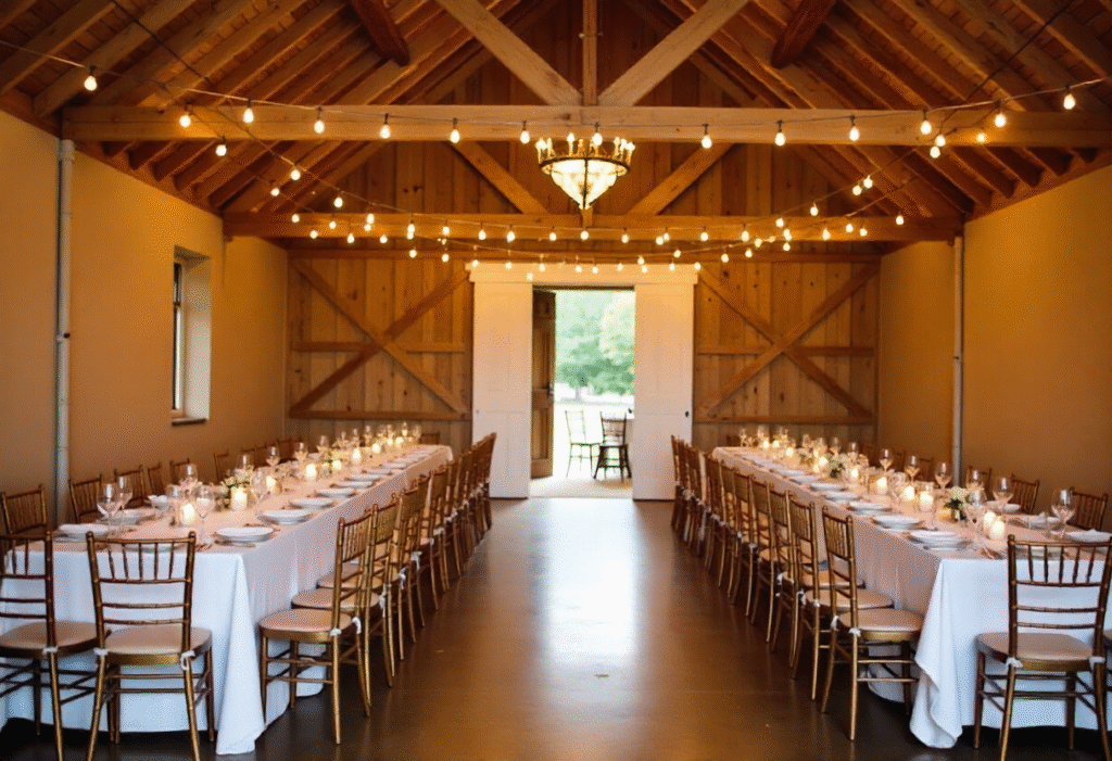 Elegant rustic barn wedding setup styled with warm fairy lights, wooden beams, and neutral floral decor — showcasing cozy, romantic lighting ideas for barn weddings by Elegantize. Elegant rustic barn wedding setup styled with warm fairy lights, wooden beams, and neutral floral decor — showcasing cozy, romantic lighting ideas for barn weddings by Elegantize.