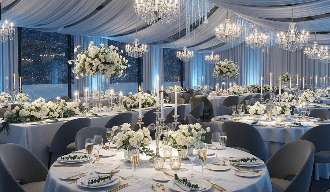Elegant winter wedding décor color palettes 2025 by Elegantize Weddings — curated icy blues, burgundy, emerald, and blush tones