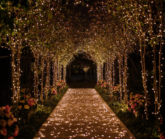 Outdoor wedding twinkle lights illuminating garden pathway.
