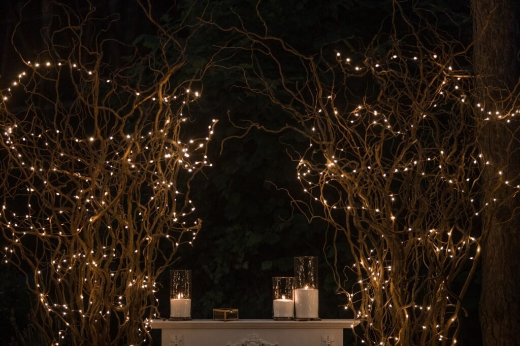 Twinkling fairy lights enhancing the cozy and romantic ambiance of a rustic barn wedding. Twinkling fairy lights enhancing the cozy and romantic ambiance of a rustic barn wedding.