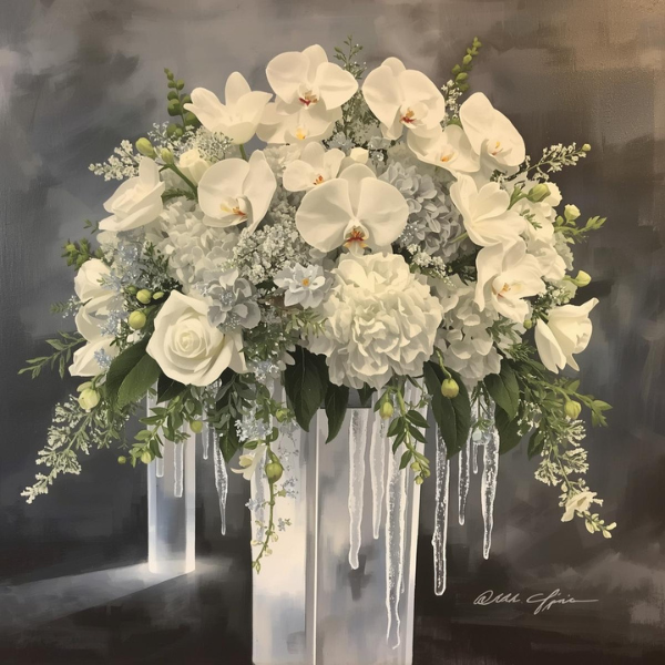 White winter wedding florals with metallic silver accents.