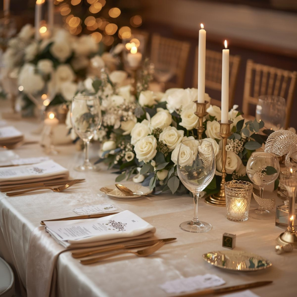 Champagne ivory gold winter wedding palette with elegant florals.