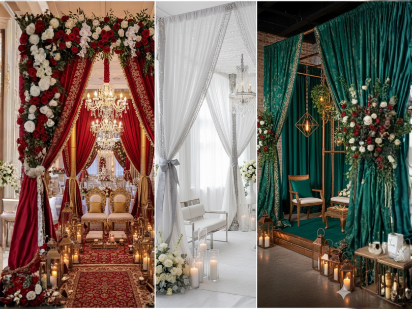 Winter mandap color palettes featuring red, gold, ivory, and emerald themes.