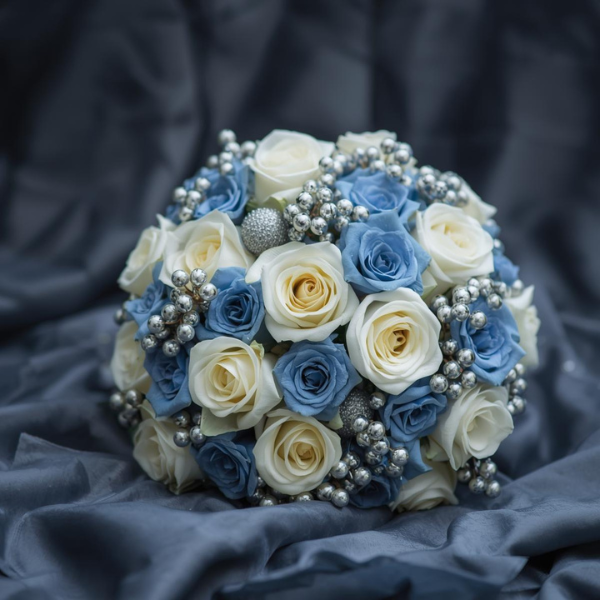 Dusty blue and gray winter wedding bouquet with silver accents.