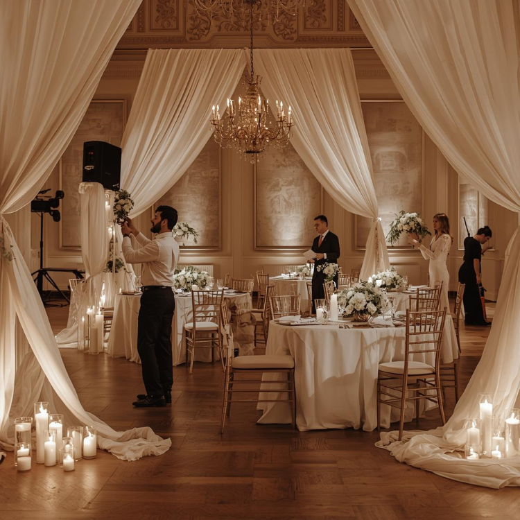  Wedding decor setup team preparing stage, florals, and draping.