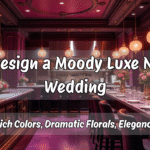 Moody Luxe November wedding setup with deep jewel-tone florals, candlelit reception design, velvet linens, and dramatic draping showcasing luxury fall wedding décor.