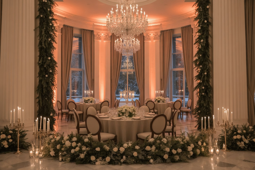 Elegant ballroom styling with chandeliers, velvet draping, and warm golden lighting creating a classic winter wedding glow.