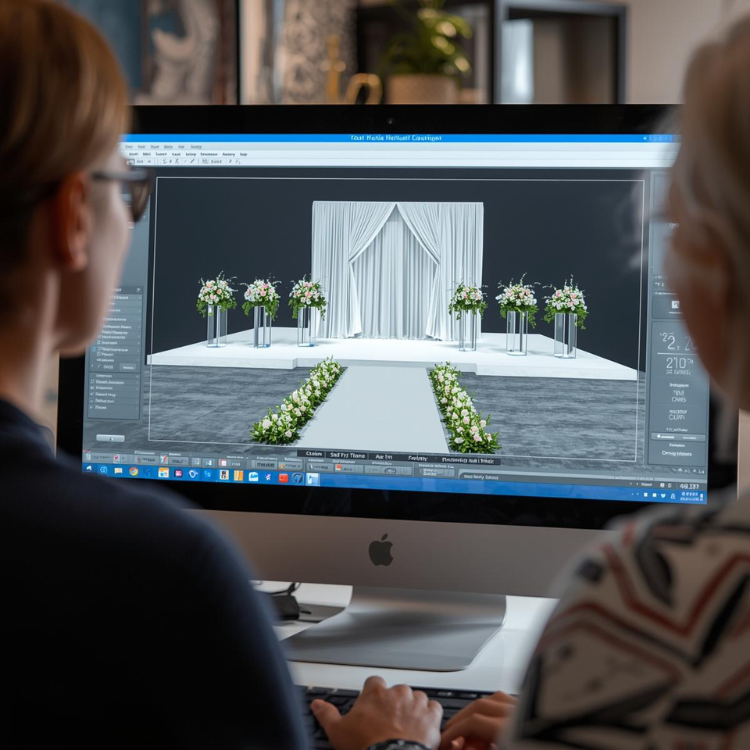 3D wedding decor visualization showing stage and aisle design.