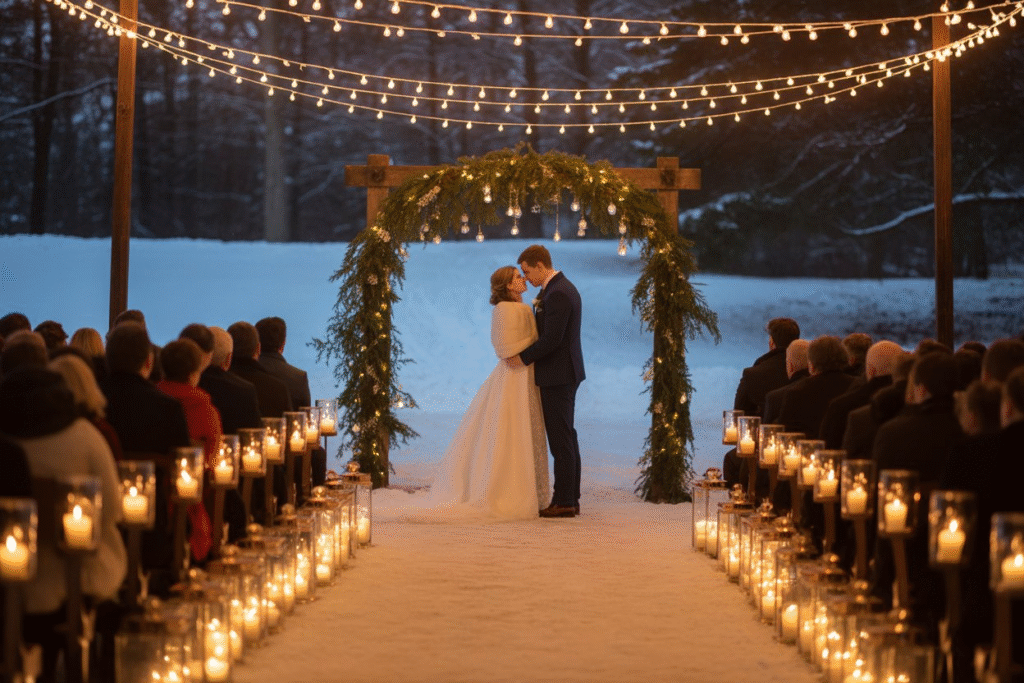 Romantic winter wedding venue illuminated with warm ambient lighting, chandeliers, and fairy light decor creating a cozy indoor atmosphere for a winter celebration
