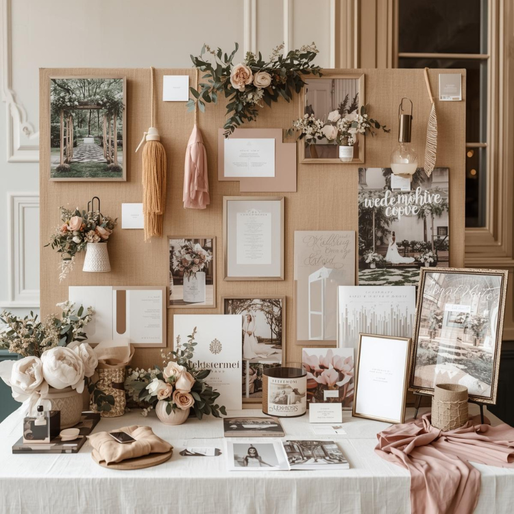 Wedding décor mood board with color palette and floral inspiration.