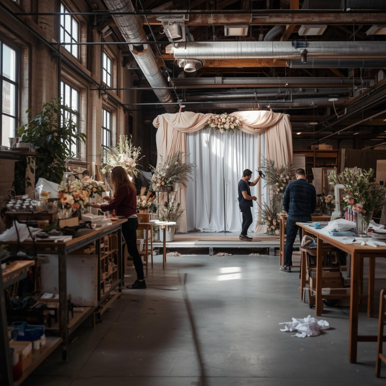  Behind-the-scenes wedding decor production with florals and fabrication.