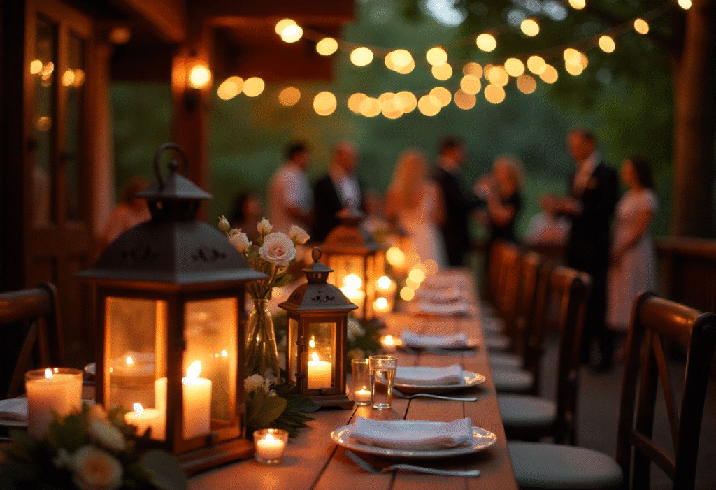 Lantern centerpiece with warm glowing candles inside, surrounded by evergreen branches and winter wedding table decor for a cozy reception setting Lantern centerpiece with warm glowing candles inside, surrounded by evergreen branches and winter wedding table decor for a cozy reception setting