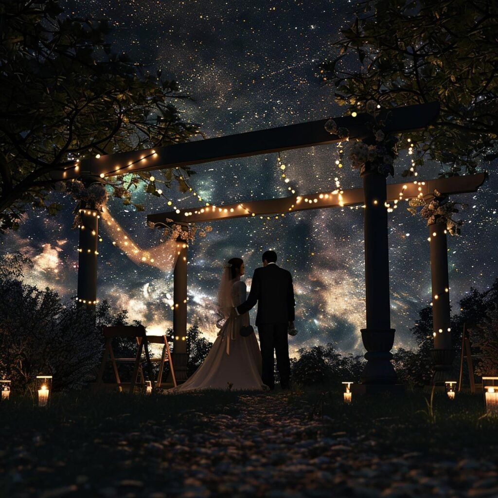 Dark romantic wedding ceremony setup with candle-lined aisle, deep jewel-tone floral arrangements, velvet-draped arch, and moody luxe lighting for a November wedding Dark romantic wedding ceremony setup with candle-lined aisle, deep jewel-tone floral arrangements, velvet-draped arch, and moody luxe lighting for a November wedding