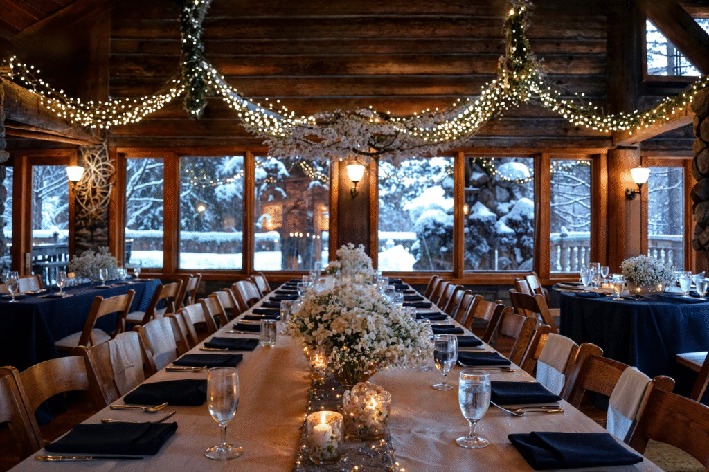 Romantic winter wedding venue decor with warm lighting, candles, and velvet draping showing why cozy indoor decorations matter for winter celebrations.
