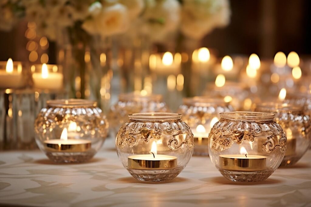 Warm candlelight centerpiece with gold candle holders surrounded by evergreen accents, creating an elegant and cozy winter wedding table setting Warm candlelight centerpiece with gold candle holders surrounded by evergreen accents, creating an elegant and cozy winter wedding table setting