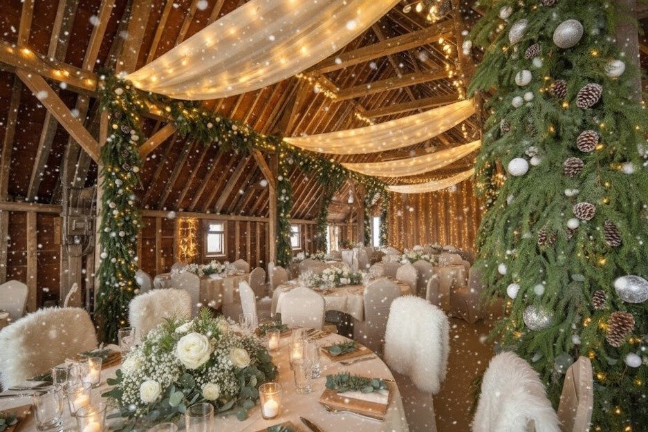 Close-up of winter wedding venue decor featuring velvet fabrics, floral arrangements, and layered textures in warm tones for a cozy indoor wedding setting