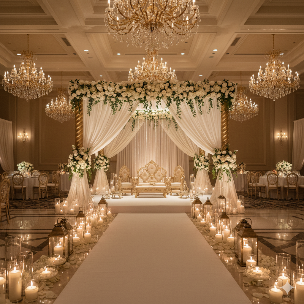 Indoor wedding mandap design with chandeliers, silk drapes, and candles.
