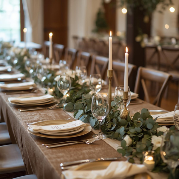 Winter greenery wedding decor with taupe and neutral florals.