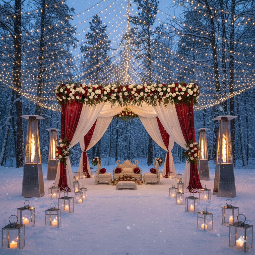 Outdoor winter mandap decor in snowy setting with fairy lights and heaters.