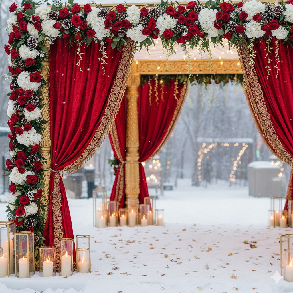 Winter mandap decor with red velvet drapes and floral garlands.