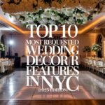 Luxury NYC wedding decor with ceiling florals and custom dance floor.