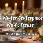 Elegant winter wedding centerpiece featuring candles, evergreen branches, pinecones, and frosty white floral arrangements on a decorated reception table.