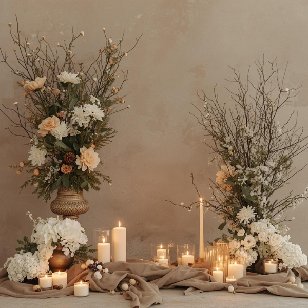 Elegant winter wedding decor using neutral florals and candles without Christmas colors.