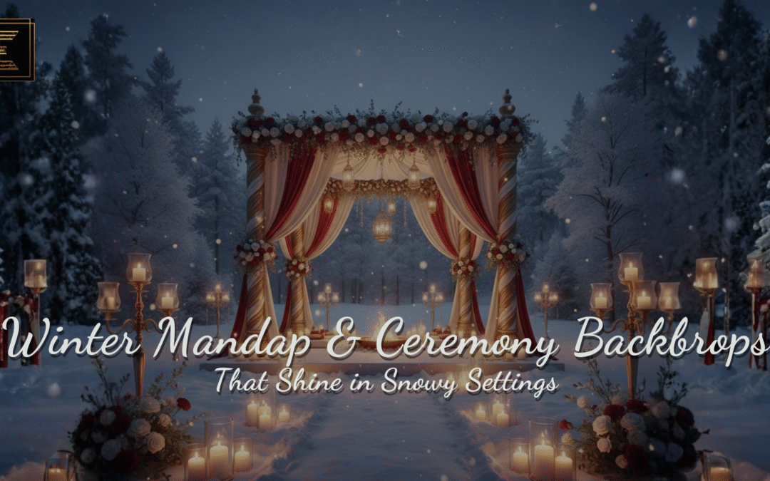Winter mandap decor with silk drapes and floral lighting setup in a snowy setting.