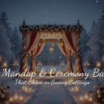 Winter mandap decor with silk drapes and floral lighting setup in a snowy setting.