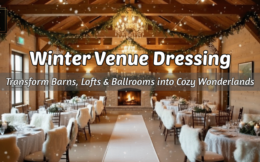Elegant winter wedding venue decor with fairy lights, velvet draping, and floral arrangements transforming a rustic barn into a cozy wonderland.