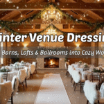 Elegant winter wedding venue decor with fairy lights, velvet draping, and floral arrangements transforming a rustic barn into a cozy wonderland.