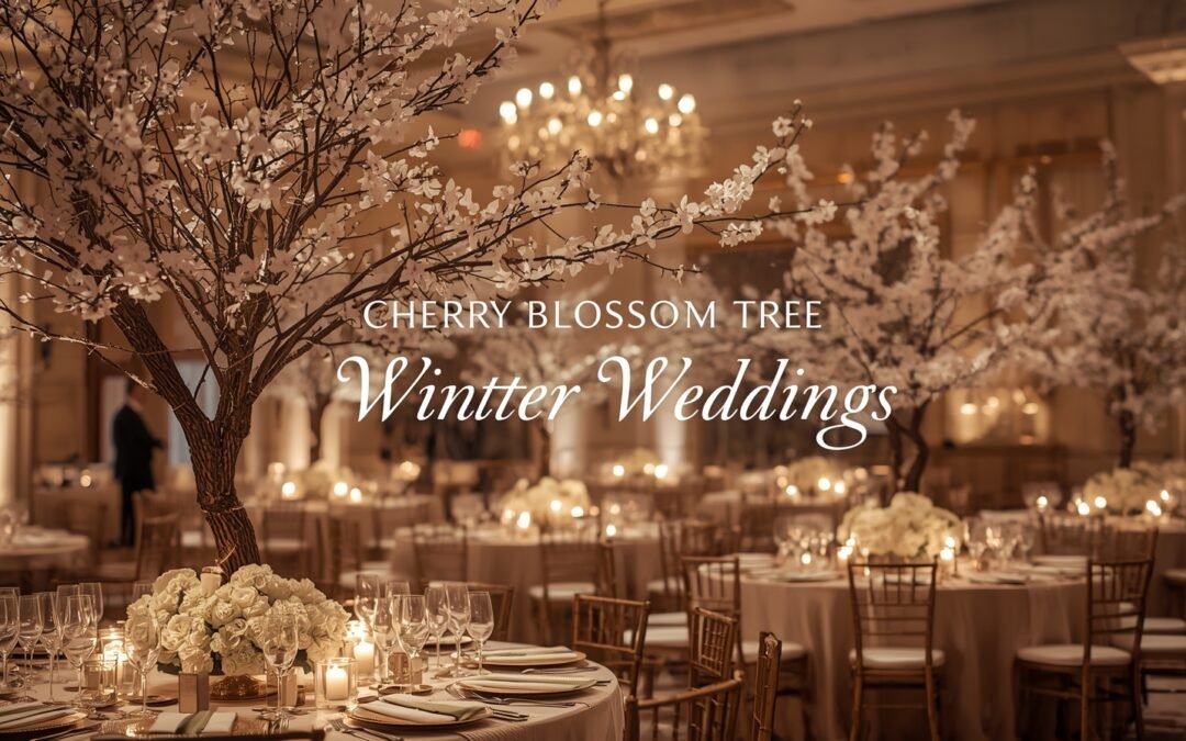 Cherry blossom tree centerpiece for luxury winter wedding decor.