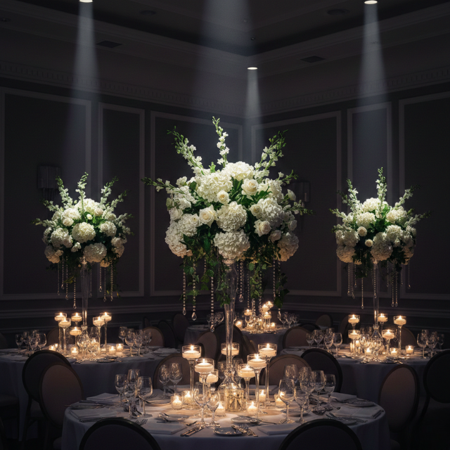 Wedding lighting and tall centerpieces working together in a ballroom