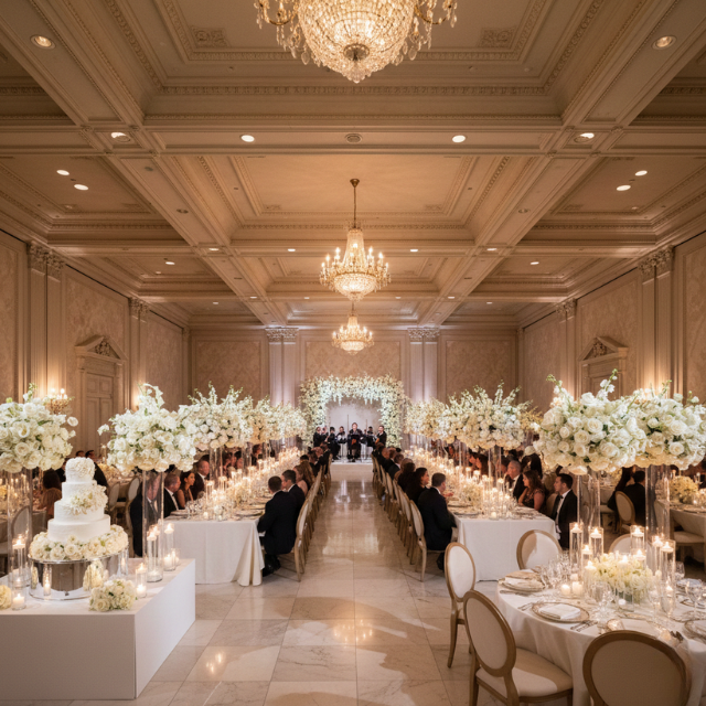 Ballroom wedding centerpieces designed to balance large venue scale.