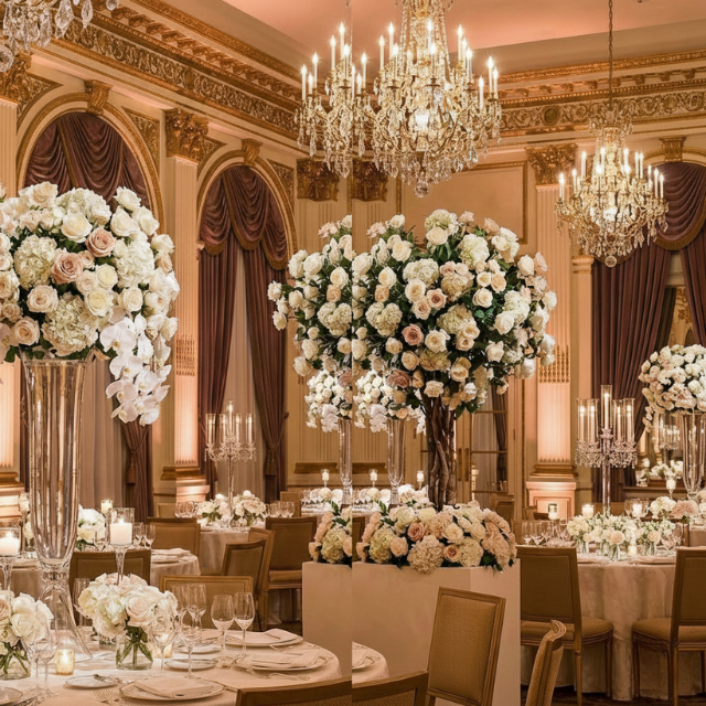 Tall floral arrangements wedding for luxury ballroom decor.
