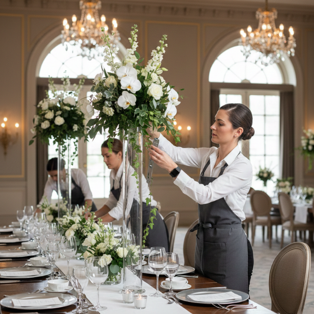Professional wedding decorators USA planning tall centerpieces