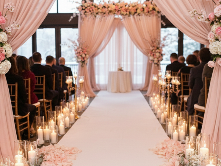 Pastel pink floral arch with frosty winter wedding decor.
