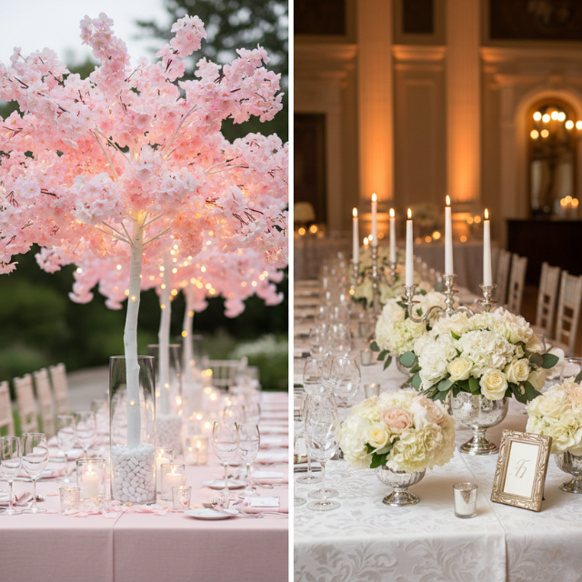 Comparison of cherry blossom tree centerpiece and traditional wedding florals.