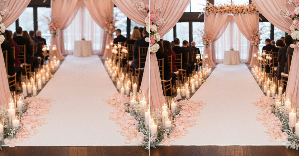 Pink winter wedding stage decor with draping and floral backdrop.