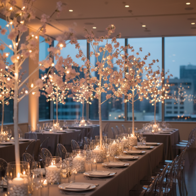 Cherry blossom tree centerpiece lighting ideas for weddings