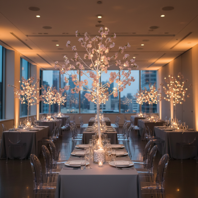 Modern wedding centerpieces using cherry blossom tree decor.