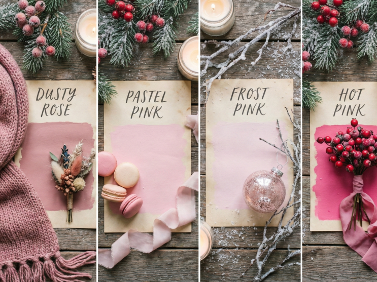 Indoor winter wedding ceremony decorated with blush drapes, pink florals, candles, and white aisle runner.