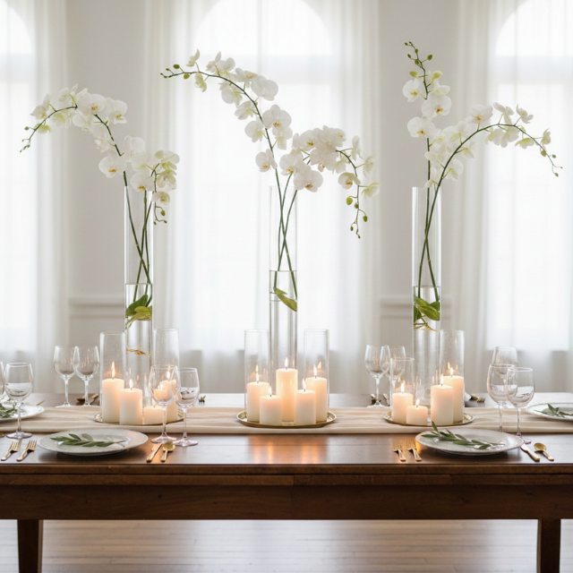 Wedding table styling ballroom with tall centerpieces.